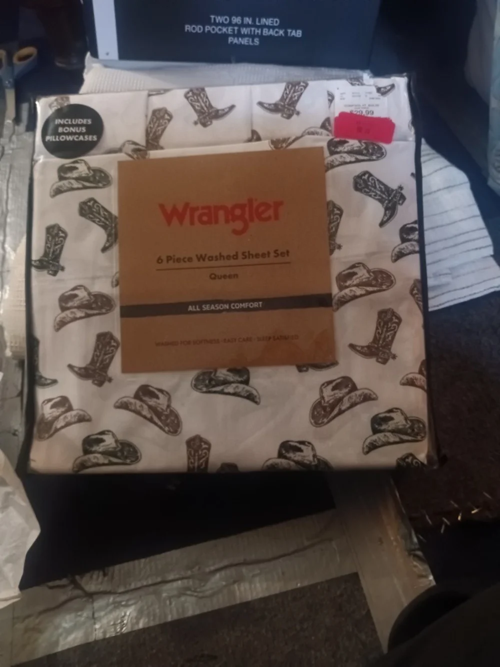 Wrangler Cowboy Hat Print Queen Sheet Set - White with Brown Print